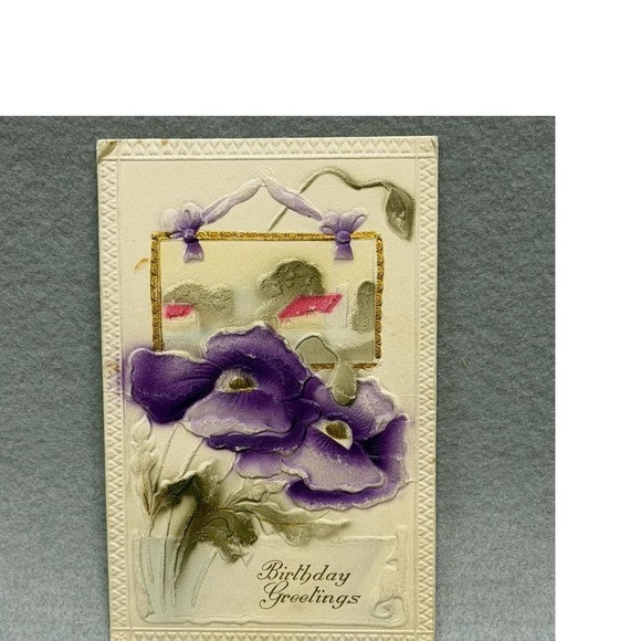Other - Purple Pansies‎ Gold Trim Ribbon Embossed Birthday Greetings c1910s POSTCARD